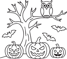 Halloween Coloring Page with Pumpkins Owl Tree and Bats
