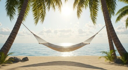 Relaxing Hammock Between Palm Trees on Sandy Beach Under Bright Sun