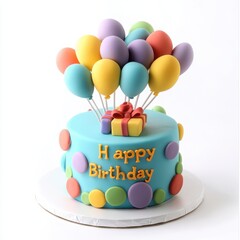 A playful birthday cake decorated with colorful fondant balloons