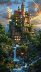 magical forest castle with waterfalls and glowing lights in a fairytale mountain setting