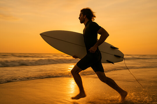 Surfer running with surfboard on beach during golden hour, low angle - lifestyle