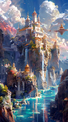 majestic seaside fantasy palace built into coastal cliffs with turquoise waters