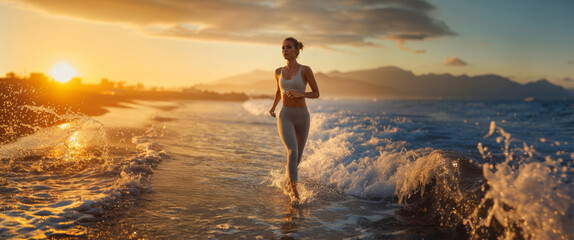 Woman running on beach at sunset