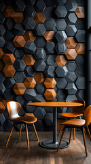 Modern hexagonal wall with orange accents and cozy seating interior design