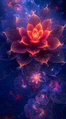 Mystical glowing lotus flower in deep blue cosmic background with sparkles
