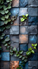 Natural stone tile wall with green leaves and earthy geometric pattern