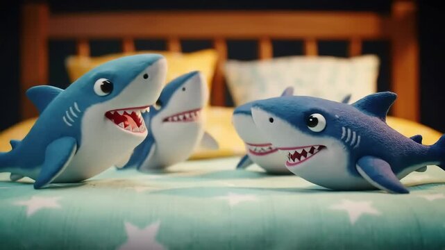 Playful shark toys on crib, bedroom background