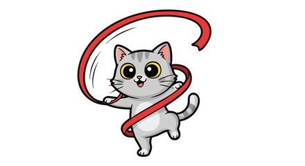 Obraz premium Cute cartoon gray tabby cat playfully twirling a red ribbon.