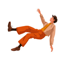 Man in orange jacket falling with arms up isolated on transparent background isolated