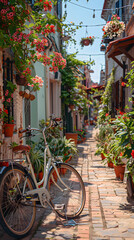 peaceful cobblestone alley with bicycles and flower-covered homes in warm morning light