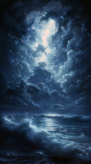 powerful lightning storm over ocean horizon with turbulent clouds and glowing sea