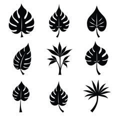 Fototapeta premium A Minimalist Design Features Nine Stylized Black Tropical Leaves On A Clean White Background