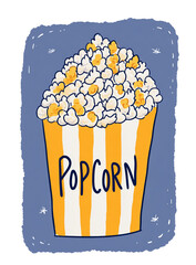 A striped bucket filled with popcorn for movie night isolated on transparent background