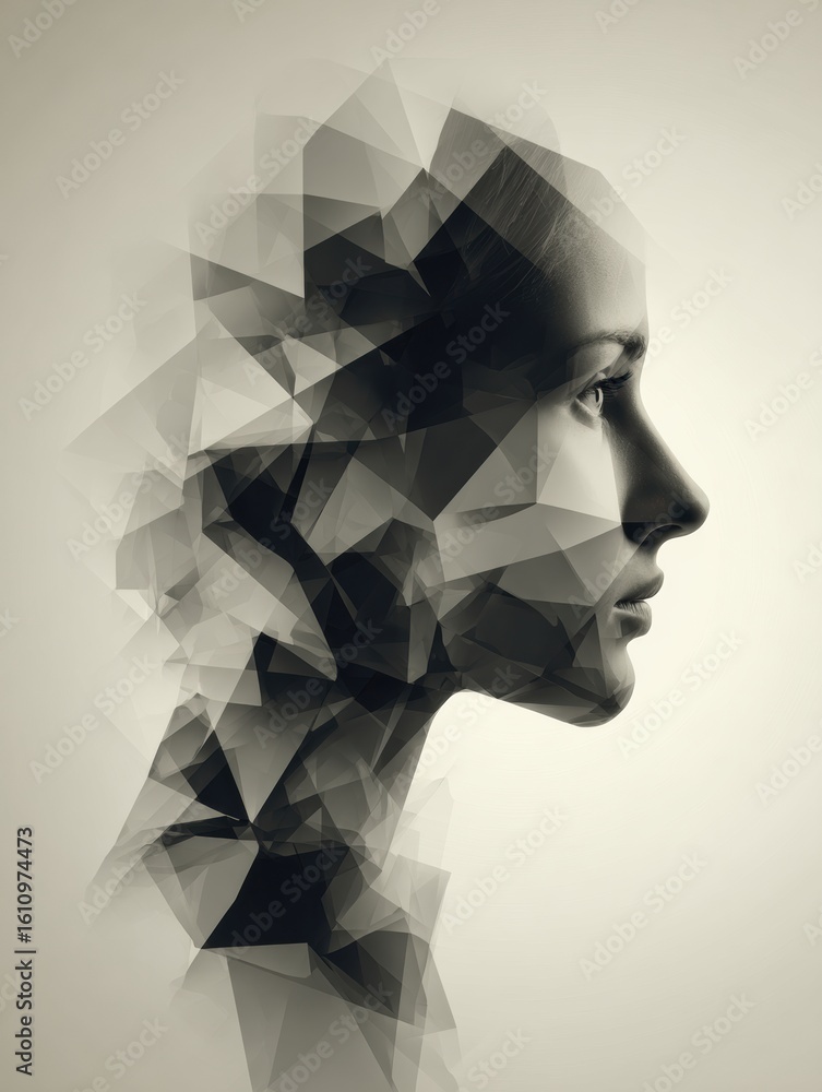 Aufkleber geometric shapes transform into a silhouette of a thinking head against a soft background, reflectin