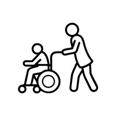 Caregiver pushing child in wheelchair in minimal line art style  