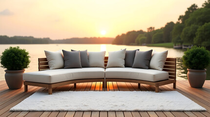 Lakeside outdoor setting with minimalist wooden sofa and plush white rug at sunset