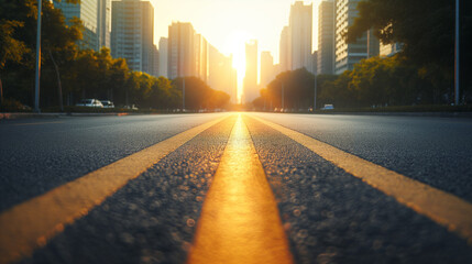 Golden hour sunrise illuminates city street with double yellow lines