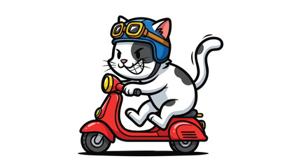 A mischievous cartoon cat, wearing goggles and a helmet, rides a red scooter with a smirk.