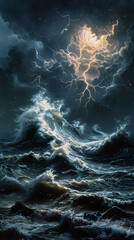 stormy ocean with lightning striking waves under a dark sky, depicting raw sea power and energy