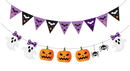 Adorable Halloween Party Banner: Purple Bats, Ghosts, Pumpkins, and Spiders; Festive and Playful Design.