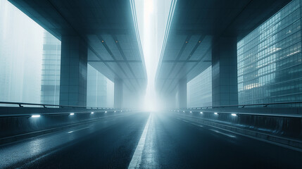 Futuristic cityscape with glowing light tunnel and modern architecture