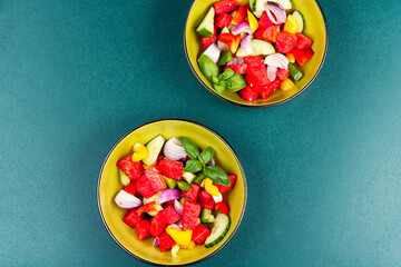 Original healthy salad of watermelon, cucumber.