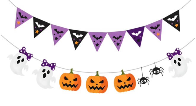 Adorable Halloween Party Banner: Purple Bats, Ghosts, Pumpkins, and Spiders; Festive and Playful Design.