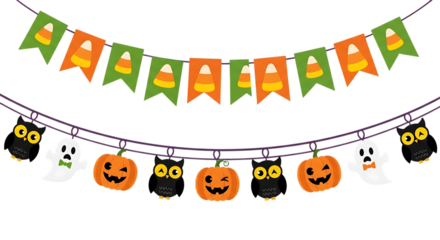 Cheerful Halloween Party Bunting: Cartoon Owls, Pumpkins, Ghosts, Candy Corn Flags.
