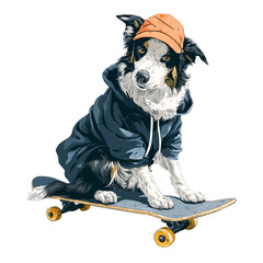 Border collie dog wearing a hoodie and hat on a skateboard isolated on transparent background