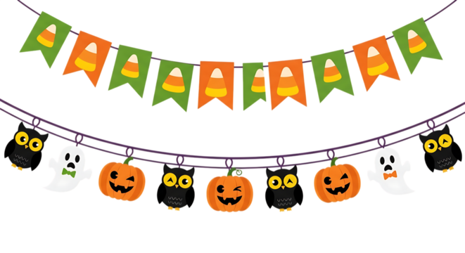 Cheerful Halloween Party Bunting: Cartoon Owls, Pumpkins, Ghosts, Candy Corn Flags.