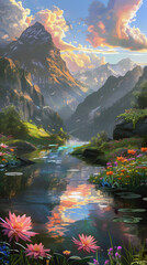 Tranquil mountain valley with reflections in clear river and blooming flowers under morning light