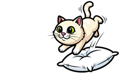Obraz premium Playful cartoon cat joyfully leaping onto a fluffy pillow.