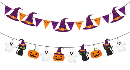 Fototapeta premium Cute Halloween Party Decorations: Witch Hats, Ghosts, Black Cats, Pumpkins Bunting Banner