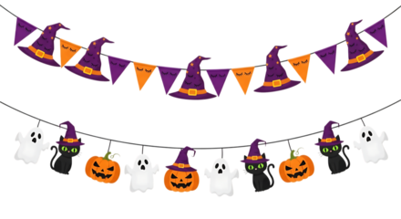 Cute Halloween Party Decorations: Witch Hats, Ghosts, Black Cats, Pumpkins Bunting Banner