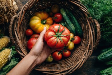 Farmer holding big ripe tomato over wicker basket full of vegetables
