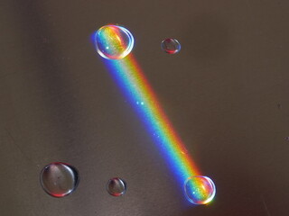 Rainbow is reflected in a puddle of water