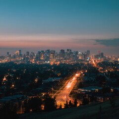 A stunning city view at dusk, highlighting vibrant city lights.