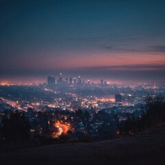 Fototapeta premium A stunning city skyline illuminated at dusk, creating a vibrant atmosphere.