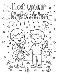 christian coloring page with two children holding glowing lantern and star under scripture let your light shine, great for sunday school, homeschool and faith-based kids activities
