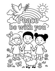Fototapeta premium christian coloring page with joyful children, rainbow, dove and peaceful message peace be with you, ideal for sunday school, homeschool and faith-based activities for kids