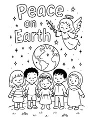 christian coloring page showing diverse children under earth and angel with message peace on earth, great for sunday school, homeschool and faith-based holiday activities for kids