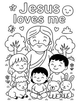 christian coloring page showing jesus with happy children and animals outdoors under message jesus loves me, perfect for sunday school, homeschool and kids faith-based activities