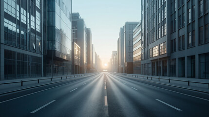 Modern city street lined with tall glass buildings at sunrise