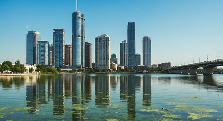 Stunning Skyline Reflection: Urban Oasis by the Water