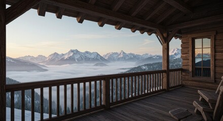 Rustic Wooden Balcony Overlooking Snowy Mountains and Foggy Valley at Dawn