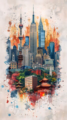 watercolor urban skyline composition with modern and classic buildings