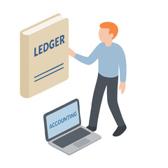 Isometric Style Detail Accountant with Ledger and Laptop Accounting Illustration