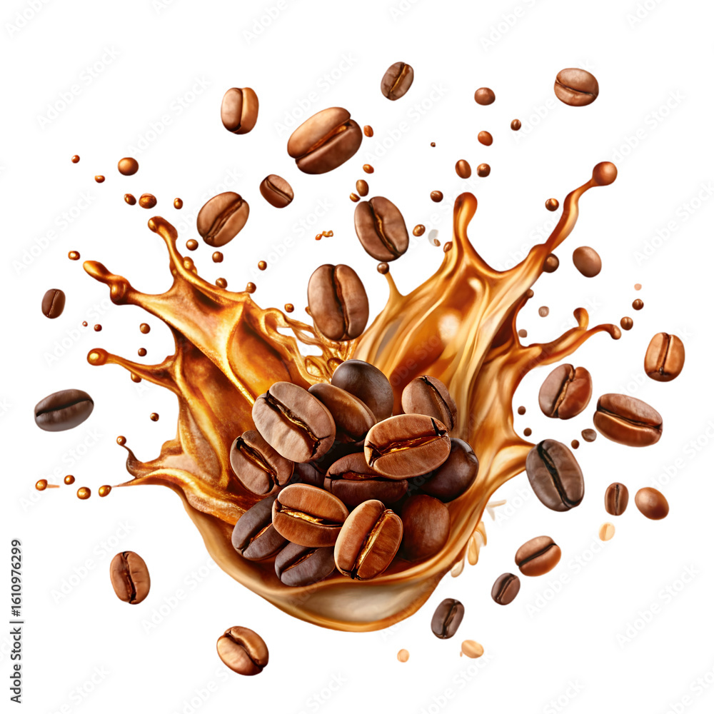 Poster coffee splash with beans isolated on transparent background png icon isolated with transparent backg