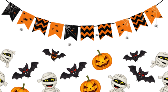 Cheerful Halloween Cartoon Banner with Pumpkins, Bats, and Mummies; Black and Orange Theme; Festive Background