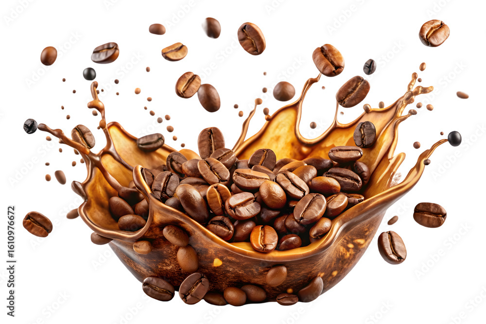 Poster coffee splash with beans isolated on transparent background png icon isolated with transparent backg
